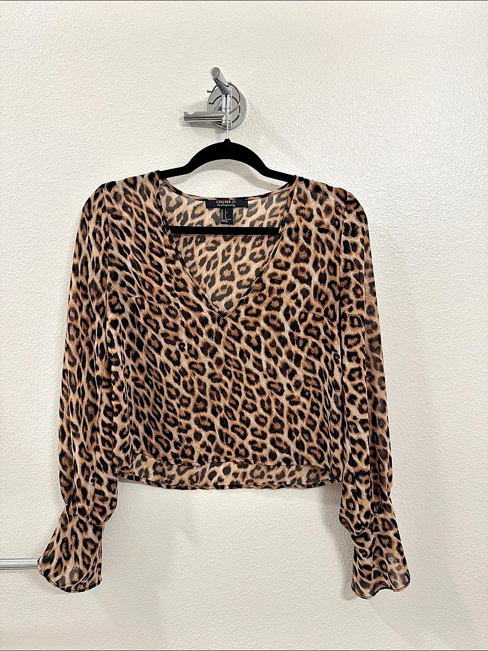 Forever 21 Leopard Print Long Sleeve Blouse in Brown & Black Small